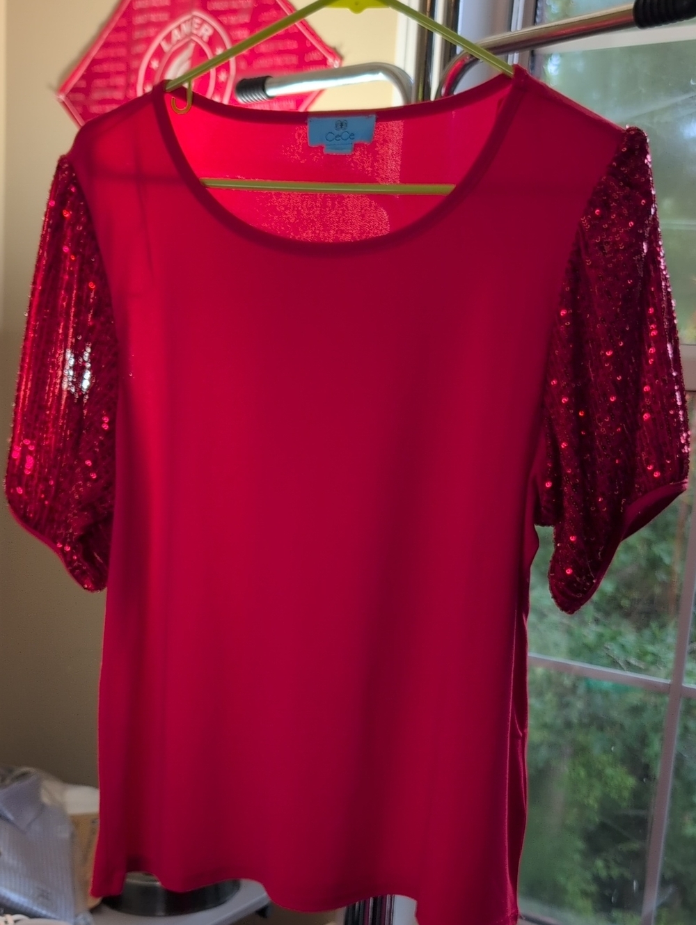 CeCe Bright Red Short Sleeve Top with Sequin Sleeves